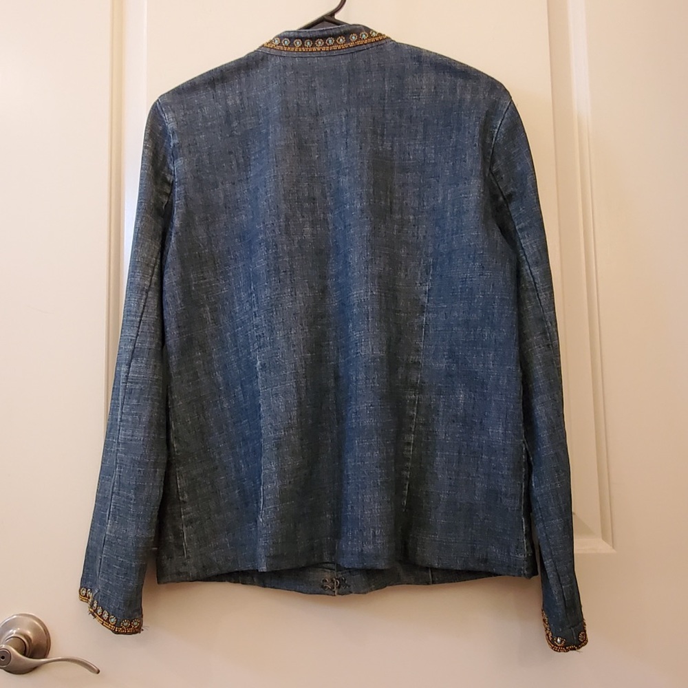CHICO'S Dark Stretch Denim, Turquoise and Brass-Beads Jacket - Picture 3 of 4